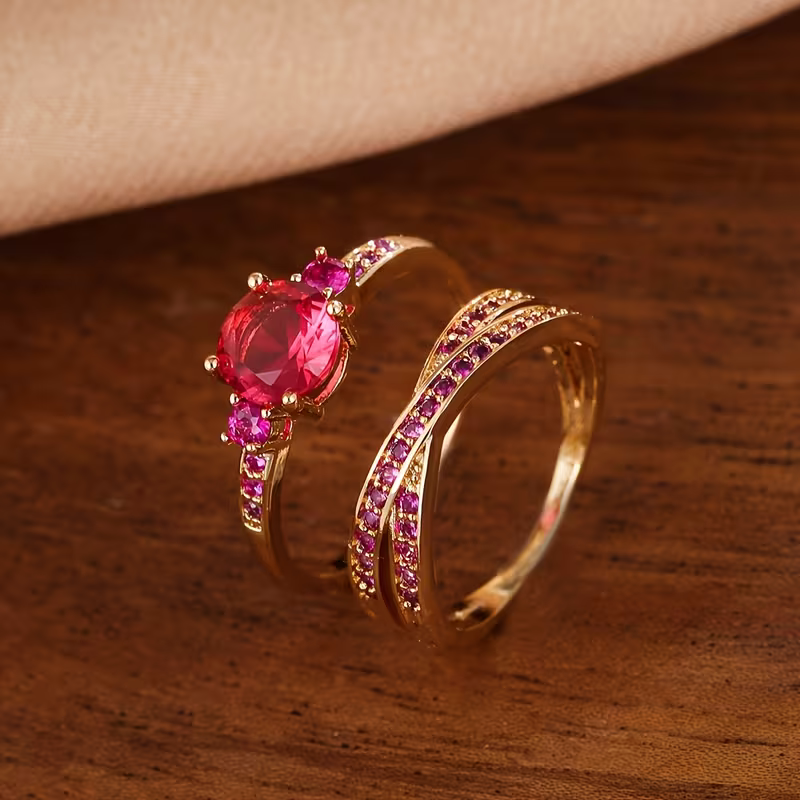 Conjunto de Dois Anéis Dourados de Pedra Preciosa